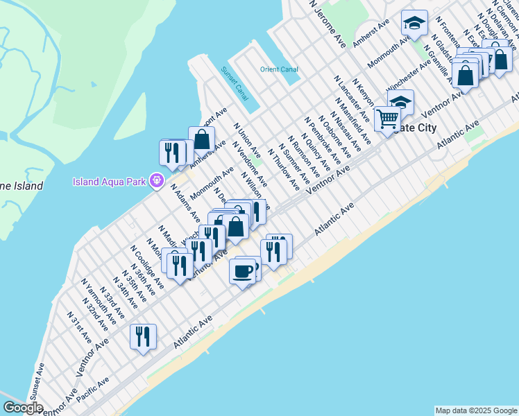 map of restaurants, bars, coffee shops, grocery stores, and more near 9 North Harding Avenue in Margate City