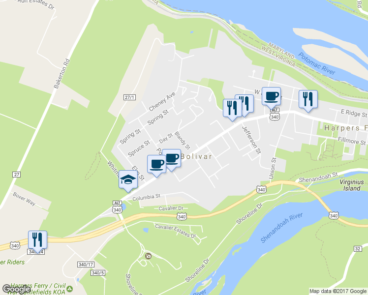 map of restaurants, bars, coffee shops, grocery stores, and more near 80 Blandy Street in Bolivar