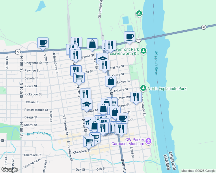 map of restaurants, bars, coffee shops, grocery stores, and more near 405 Kickapoo Street in Leavenworth