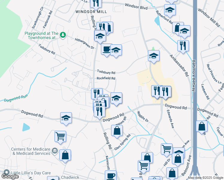 map of restaurants, bars, coffee shops, grocery stores, and more near 6919 Rockfield Road in Baltimore