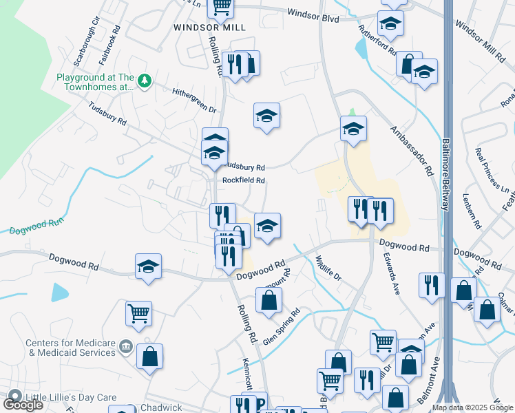 map of restaurants, bars, coffee shops, grocery stores, and more near 6919 Rockfield Road in Baltimore