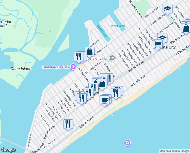 map of restaurants, bars, coffee shops, grocery stores, and more near 108 North Washington Avenue in Margate City