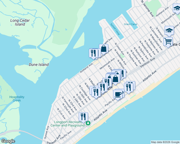 map of restaurants, bars, coffee shops, grocery stores, and more near 9503 Monmouth Avenue in Margate City