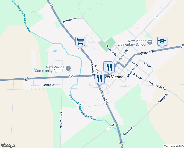 map of restaurants, bars, coffee shops, grocery stores, and more near 148 West St in New Vienna