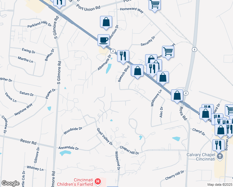map of restaurants, bars, coffee shops, grocery stores, and more near 3197 Roesch Boulevard in Fairfield