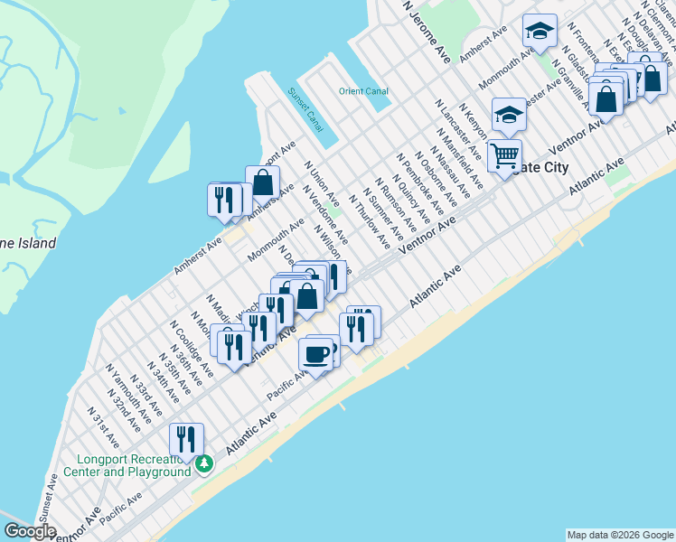map of restaurants, bars, coffee shops, grocery stores, and more near 9 North Harding Avenue in Margate City