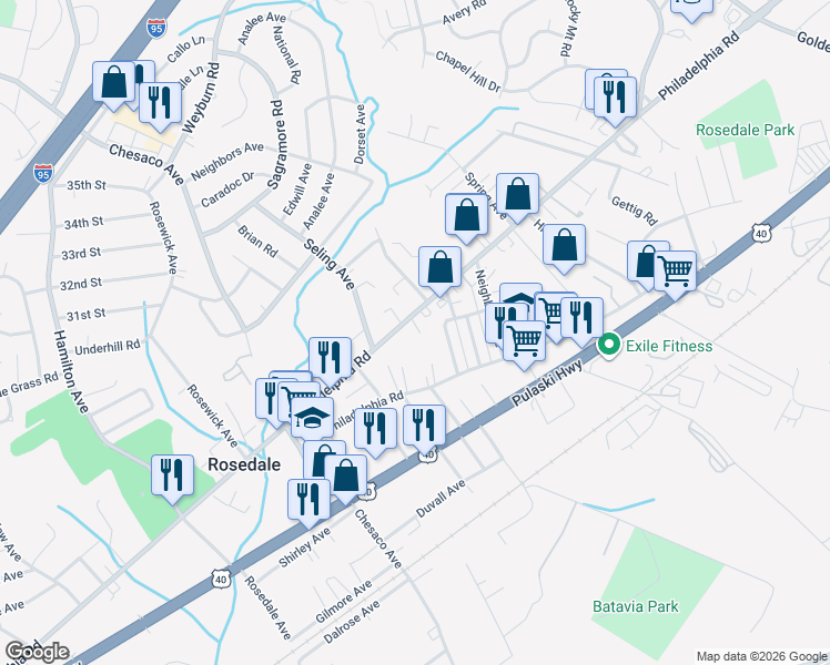 map of restaurants, bars, coffee shops, grocery stores, and more near 8115 Philadelphia Road in Rosedale