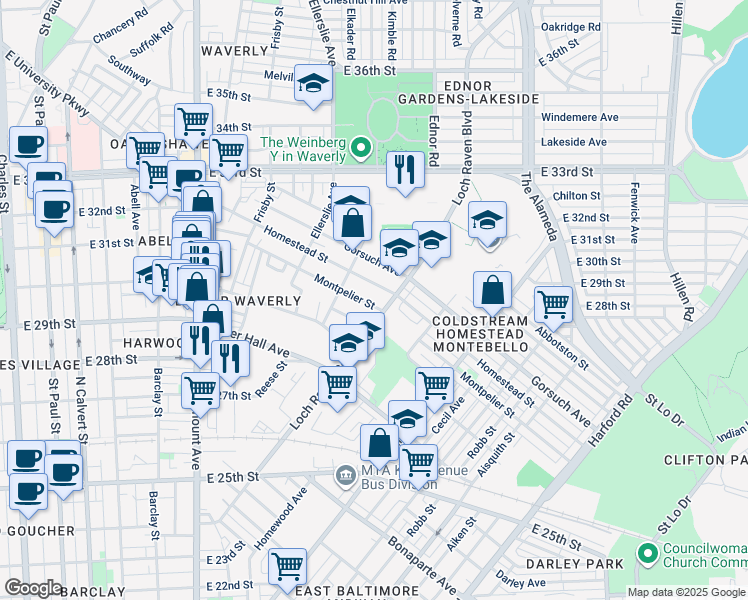 map of restaurants, bars, coffee shops, grocery stores, and more near 1144 Montpelier Street in Baltimore