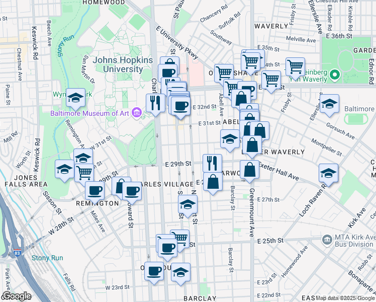 map of restaurants, bars, coffee shops, grocery stores, and more near 2918 North Calvert Street in Baltimore