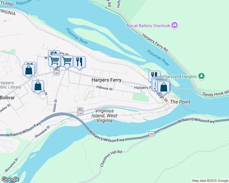 map of restaurants, bars, coffee shops, grocery stores, and more near 485 Fillmore Street in Harpers Ferry