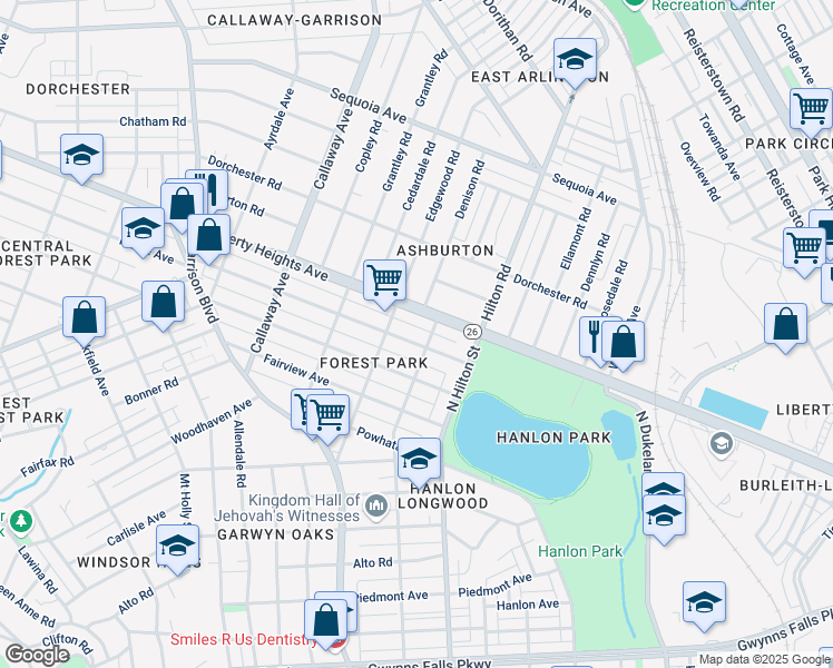 map of restaurants, bars, coffee shops, grocery stores, and more near 3404 West Forest Park Avenue in Baltimore