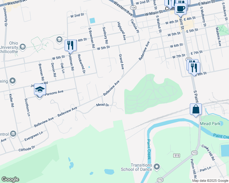 map of restaurants, bars, coffee shops, grocery stores, and more near 17 Mead Drive in Chillicothe