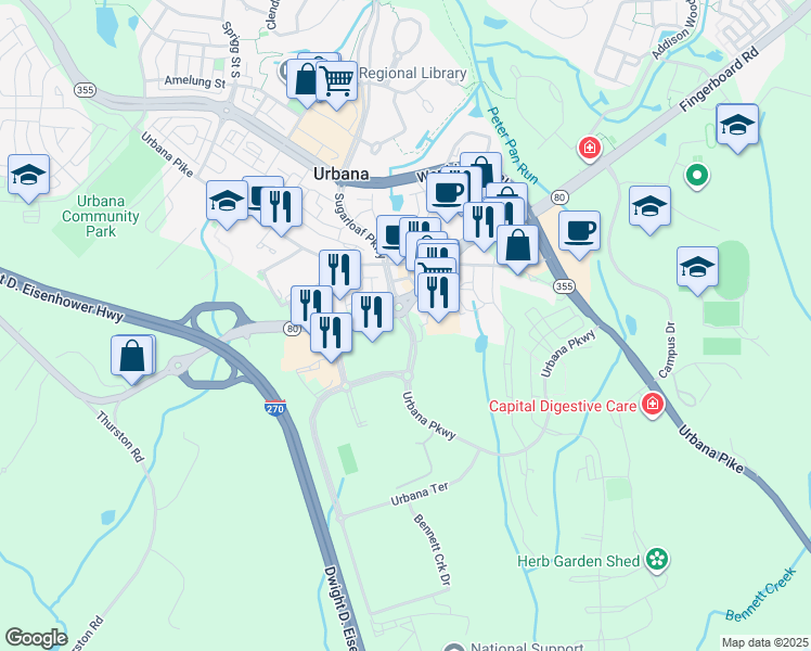 map of restaurants, bars, coffee shops, grocery stores, and more near Sugarloaf Parkway in Ijamsville