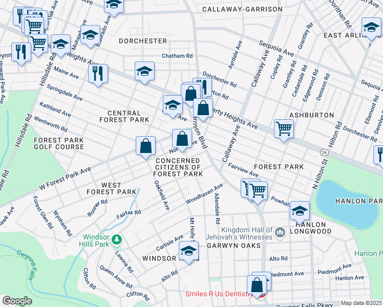 map of restaurants, bars, coffee shops, grocery stores, and more near 3814 Fairview Avenue in Baltimore