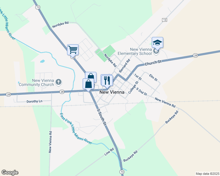 map of restaurants, bars, coffee shops, grocery stores, and more near 125 West Main Street in New Vienna
