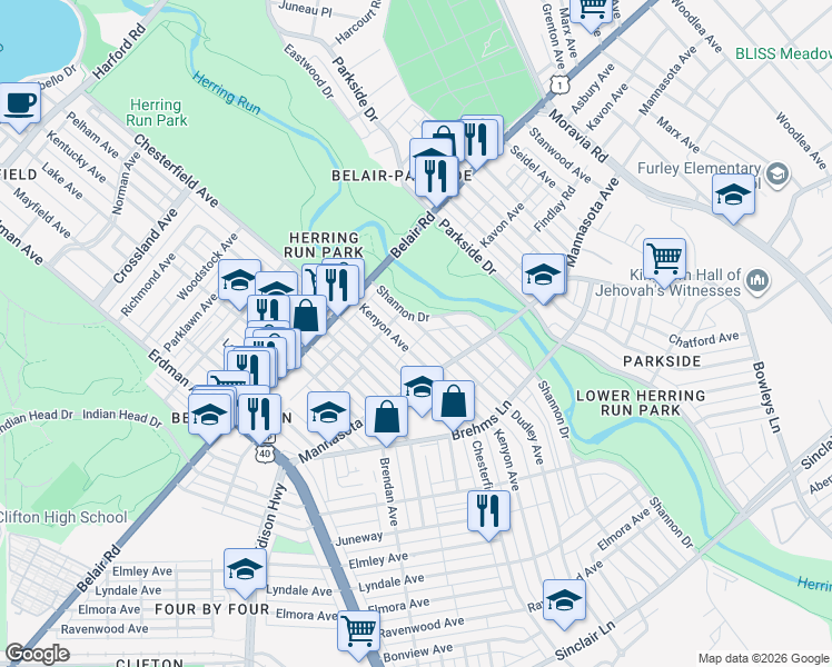 map of restaurants, bars, coffee shops, grocery stores, and more near 3133 Dudley Avenue in Baltimore