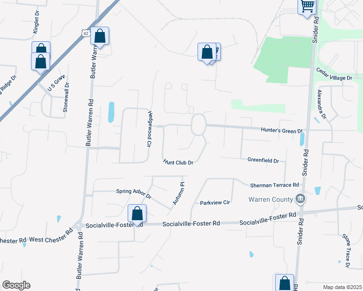 map of restaurants, bars, coffee shops, grocery stores, and more near 7763 Hunters Trail in Mason