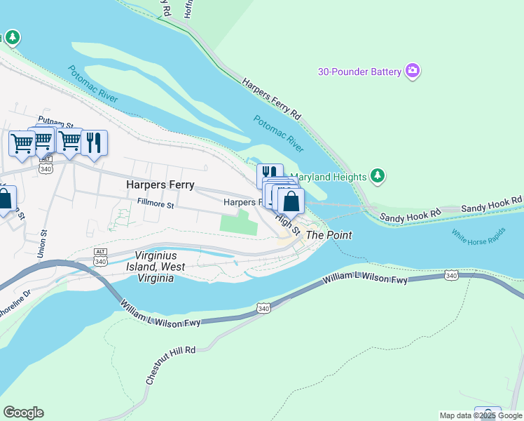 map of restaurants, bars, coffee shops, grocery stores, and more near 231 High Street in Harpers Ferry