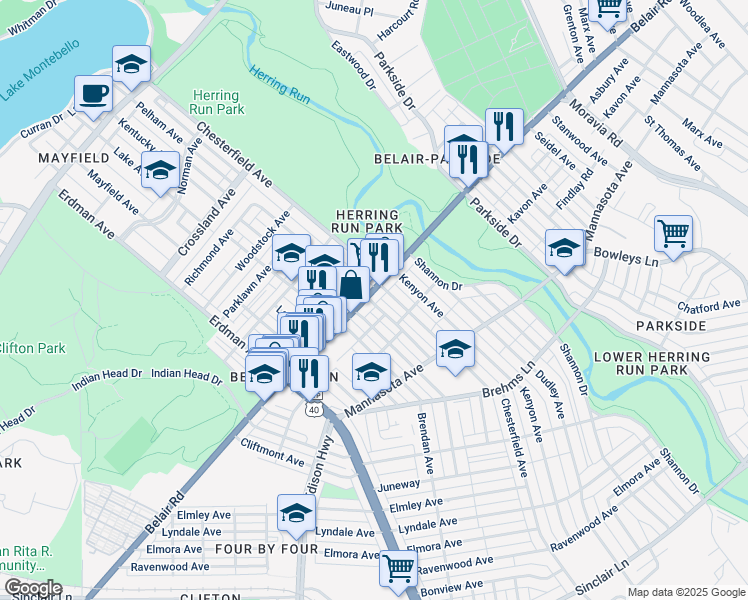 map of restaurants, bars, coffee shops, grocery stores, and more near 3545 Belair Road in Baltimore