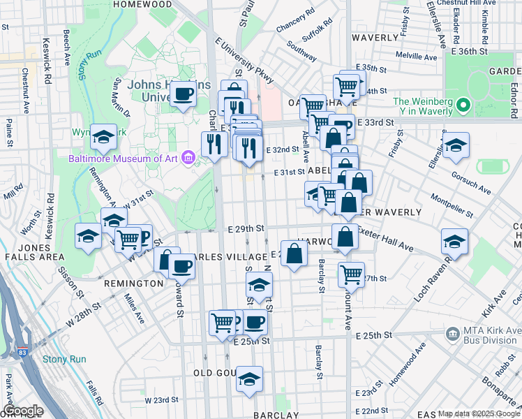 map of restaurants, bars, coffee shops, grocery stores, and more near 2920 North Calvert Street in Baltimore