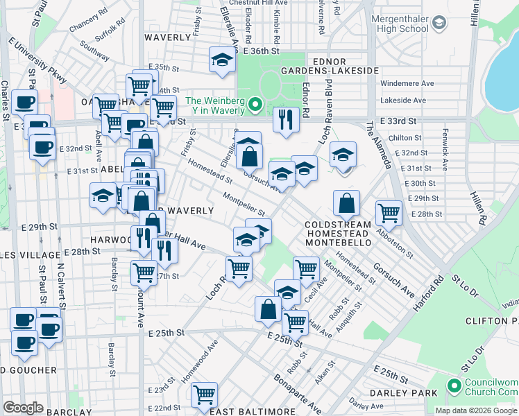 map of restaurants, bars, coffee shops, grocery stores, and more near 1140 Montpelier Street in Baltimore