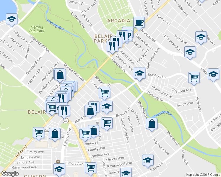 map of restaurants, bars, coffee shops, grocery stores, and more near 3200 Dudley Avenue in Baltimore