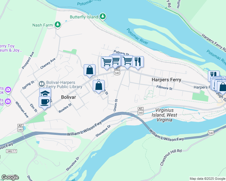 map of restaurants, bars, coffee shops, grocery stores, and more near 179 Union Street in Bolivar