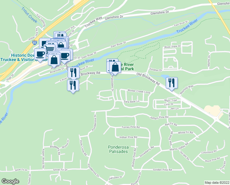 map of restaurants, bars, coffee shops, grocery stores, and more near 10161 Palisades Drive in Truckee