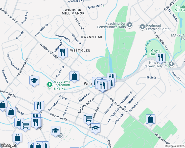 map of restaurants, bars, coffee shops, grocery stores, and more near 2207 Maple Hill Court in Baltimore