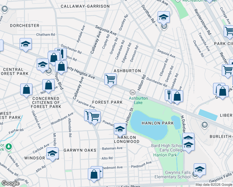 map of restaurants, bars, coffee shops, grocery stores, and more near 3408 West Forest Park Avenue in Baltimore