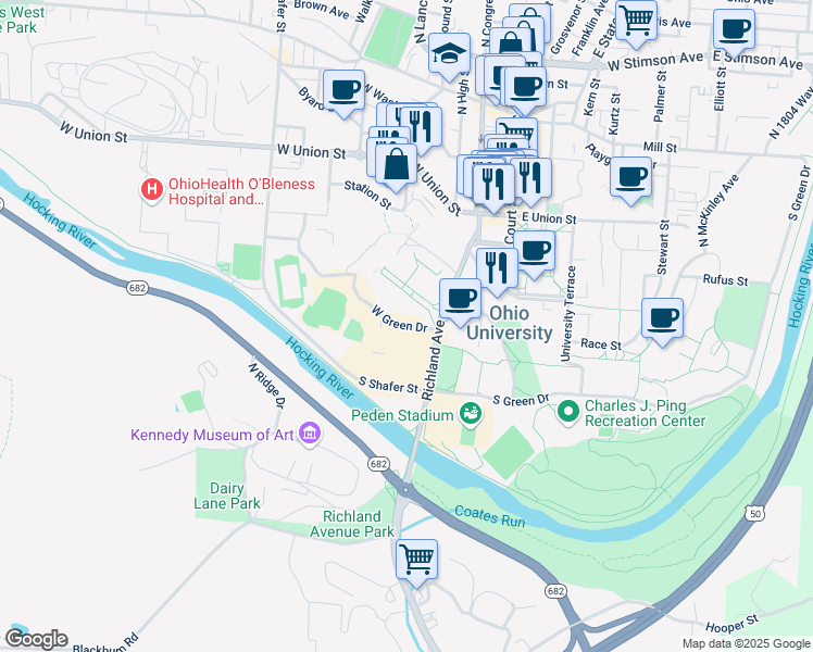 map of restaurants, bars, coffee shops, grocery stores, and more near 38 West Green Drive in Athens