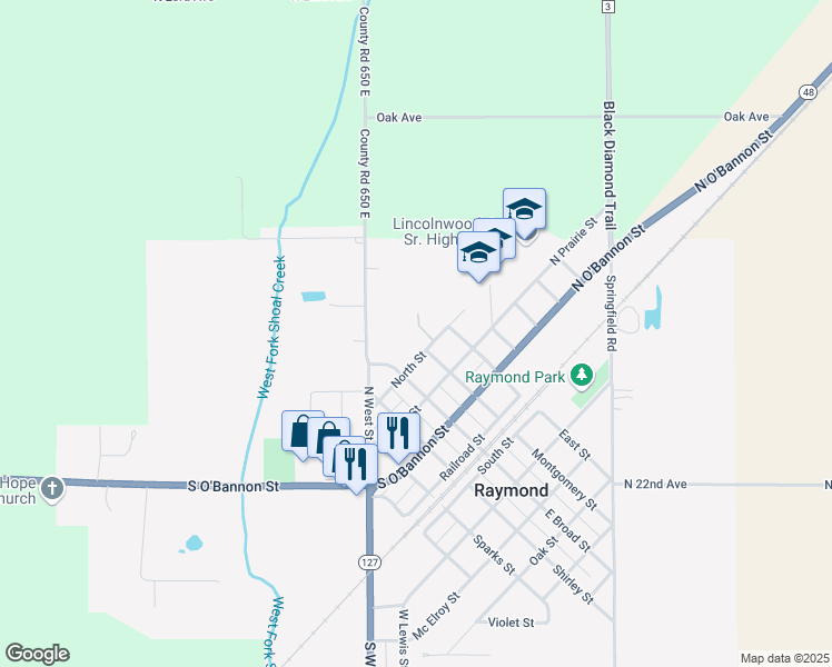 map of restaurants, bars, coffee shops, grocery stores, and more near 205 North Street in Raymond