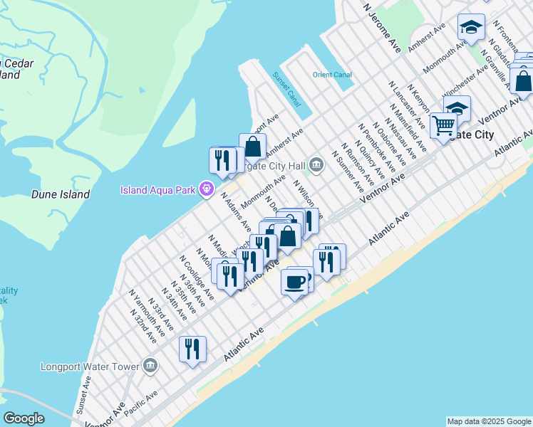 map of restaurants, bars, coffee shops, grocery stores, and more near 108 North Washington Avenue in Margate City