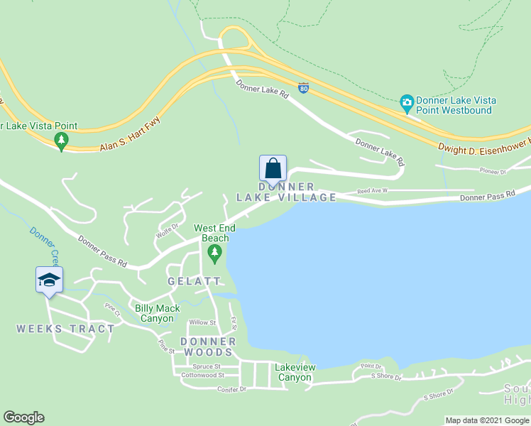 map of restaurants, bars, coffee shops, grocery stores, and more near 15735 Donner Pass Road in Truckee