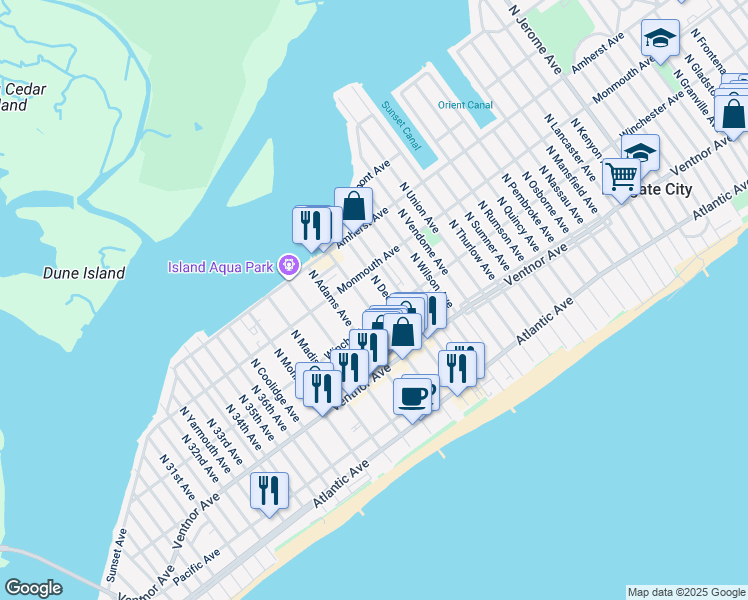 map of restaurants, bars, coffee shops, grocery stores, and more near 108 North Washington Avenue in Margate City