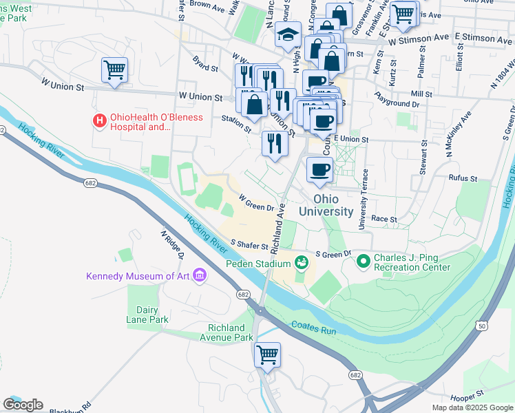 map of restaurants, bars, coffee shops, grocery stores, and more near 36-38 West Green Drive in Athens