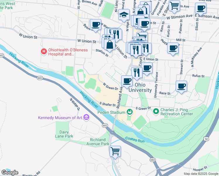 map of restaurants, bars, coffee shops, grocery stores, and more near 36-38 West Green Drive in Athens