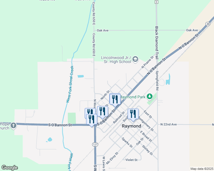 map of restaurants, bars, coffee shops, grocery stores, and more near 205 North Street in Raymond