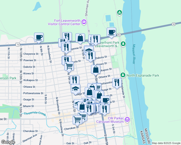 map of restaurants, bars, coffee shops, grocery stores, and more near 409 Kickapoo Street in Leavenworth