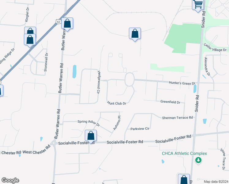 map of restaurants, bars, coffee shops, grocery stores, and more near 7783 Hunters Trail in Mason