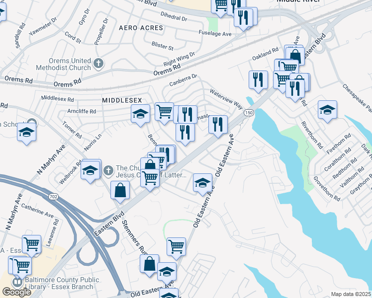 map of restaurants, bars, coffee shops, grocery stores, and more near 101 Orville Road in Essex