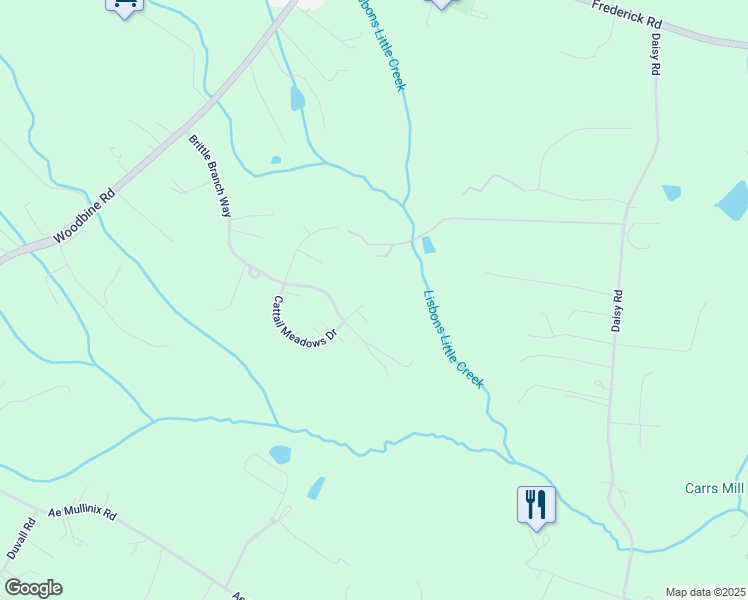 map of restaurants, bars, coffee shops, grocery stores, and more near 1772 Cattail Meadows Drive in Woodbine