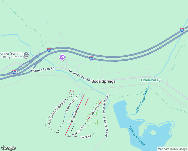 map of restaurants, bars, coffee shops, grocery stores, and more near 21586 Donner Pass Road in Soda Springs