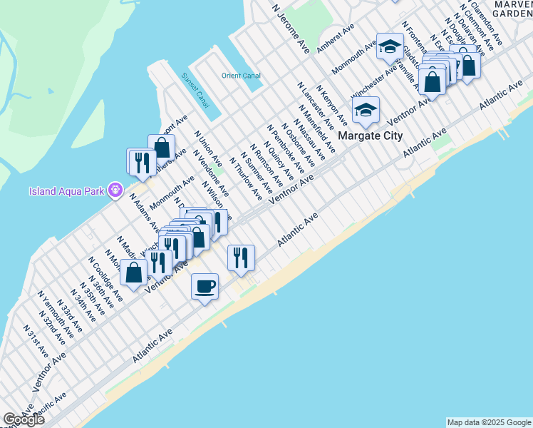 map of restaurants, bars, coffee shops, grocery stores, and more near 8904 Ventnor Avenue in Margate City