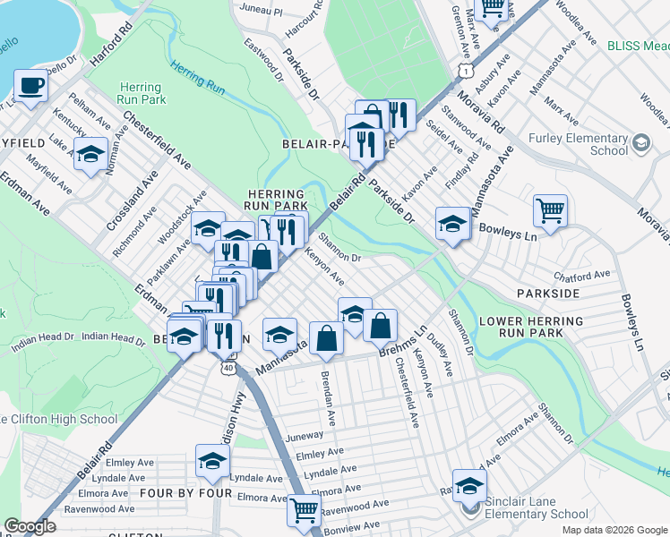 map of restaurants, bars, coffee shops, grocery stores, and more near 3108 Kenyon Avenue in Baltimore