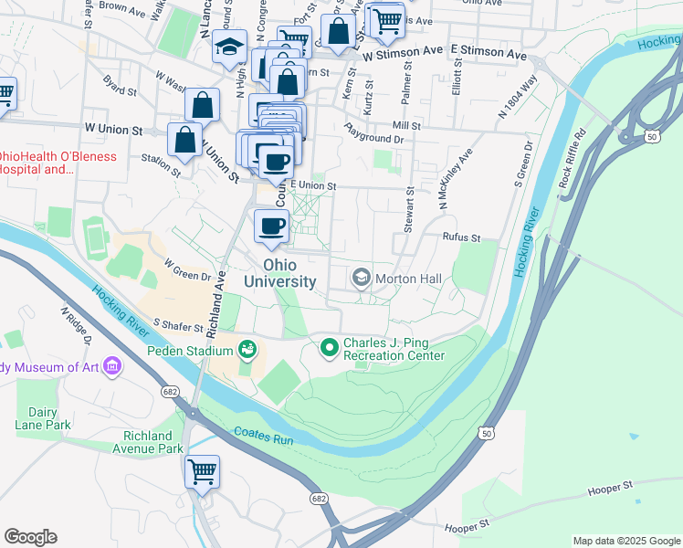 map of restaurants, bars, coffee shops, grocery stores, and more near 88 University Terrace in Athens