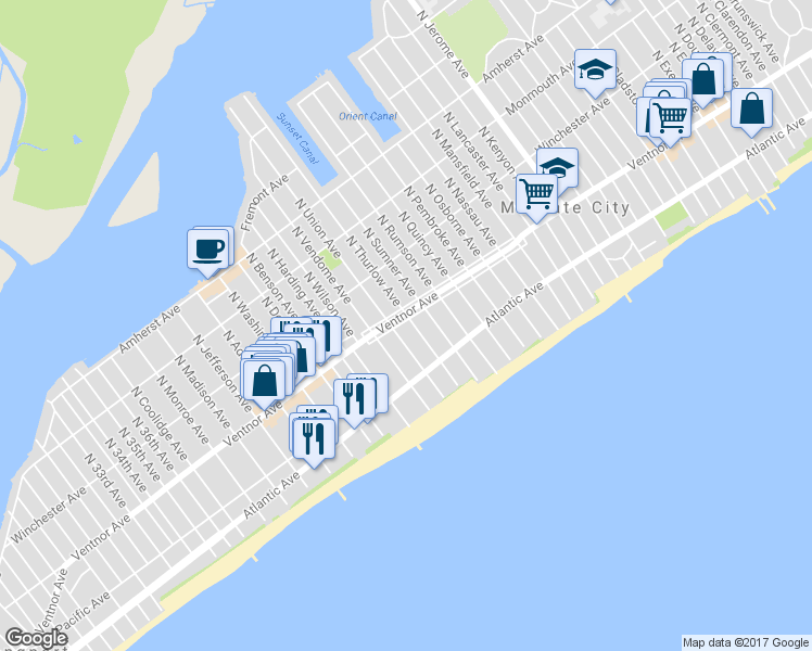 map of restaurants, bars, coffee shops, grocery stores, and more near 8904 Ventnor Avenue in Margate City