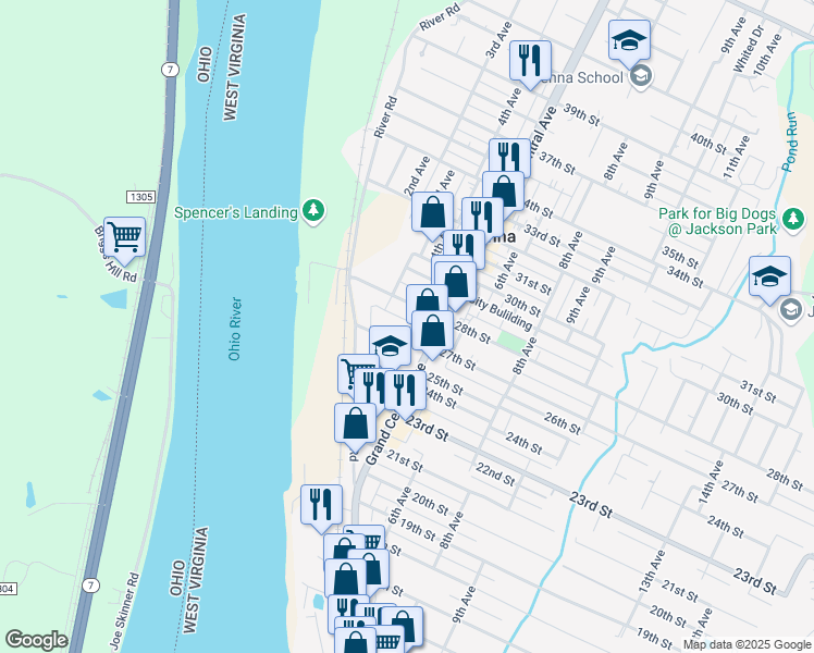 map of restaurants, bars, coffee shops, grocery stores, and more near 2649 Grand Central Avenue in Vienna