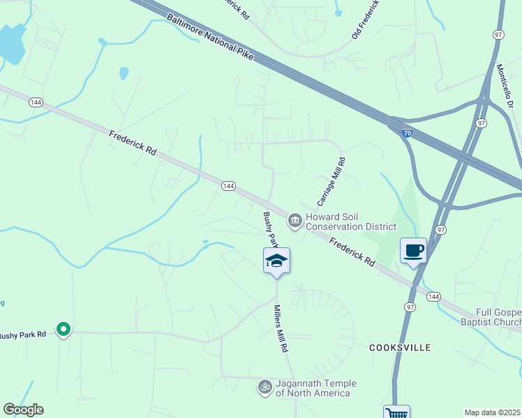 map of restaurants, bars, coffee shops, grocery stores, and more near 14770 Bushy Park Road in Woodbine