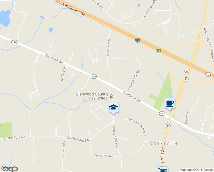 map of restaurants, bars, coffee shops, grocery stores, and more near 14770 Bushy Park Road in Woodbine